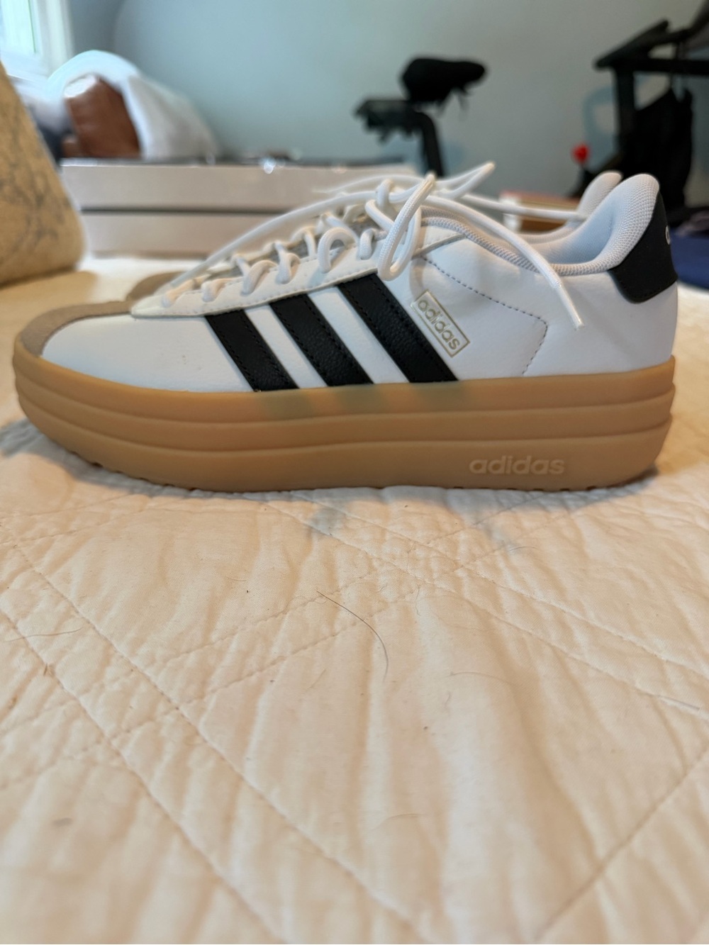 adidas Women's White Sneakers with Black Stripes and Gum Sole - Picture 2 of 4